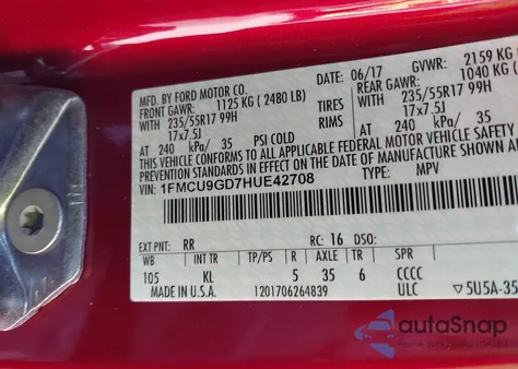 2017 Ford Escape Se z USA, uszkodzony, nr VIN 1FMCU9GD7HUE42708